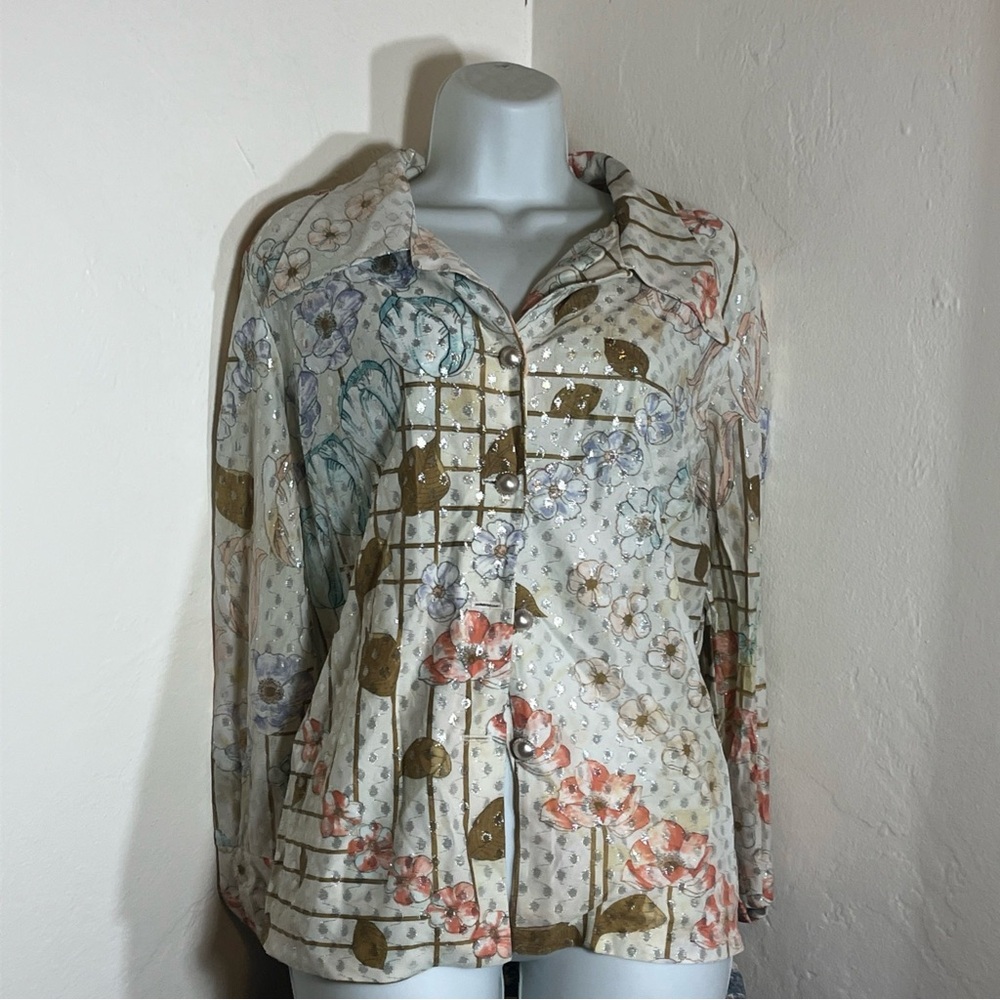 Cream Floral Button-Down Shirt with Metallic Accents